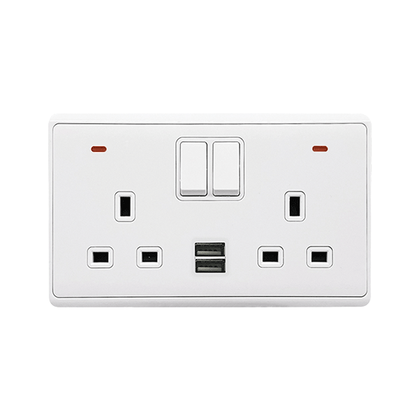 LONDON DOUBLE SOCKET 2P BUTTON SWITCH NEON+USB WH
